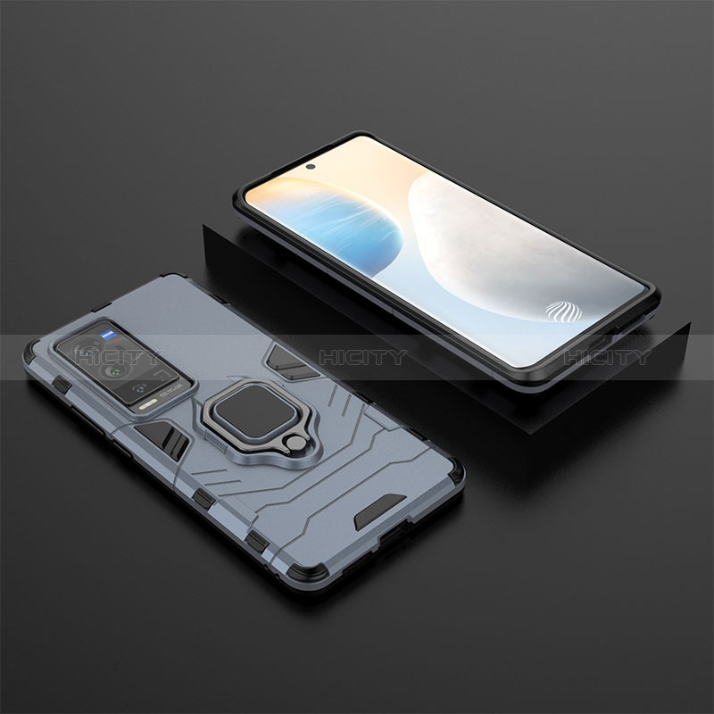 Custodia Silicone e Plastica Opaca Cover con Magnetico Anello Supporto KC2 per Vivo X60 Pro+ Plus 5G Blu