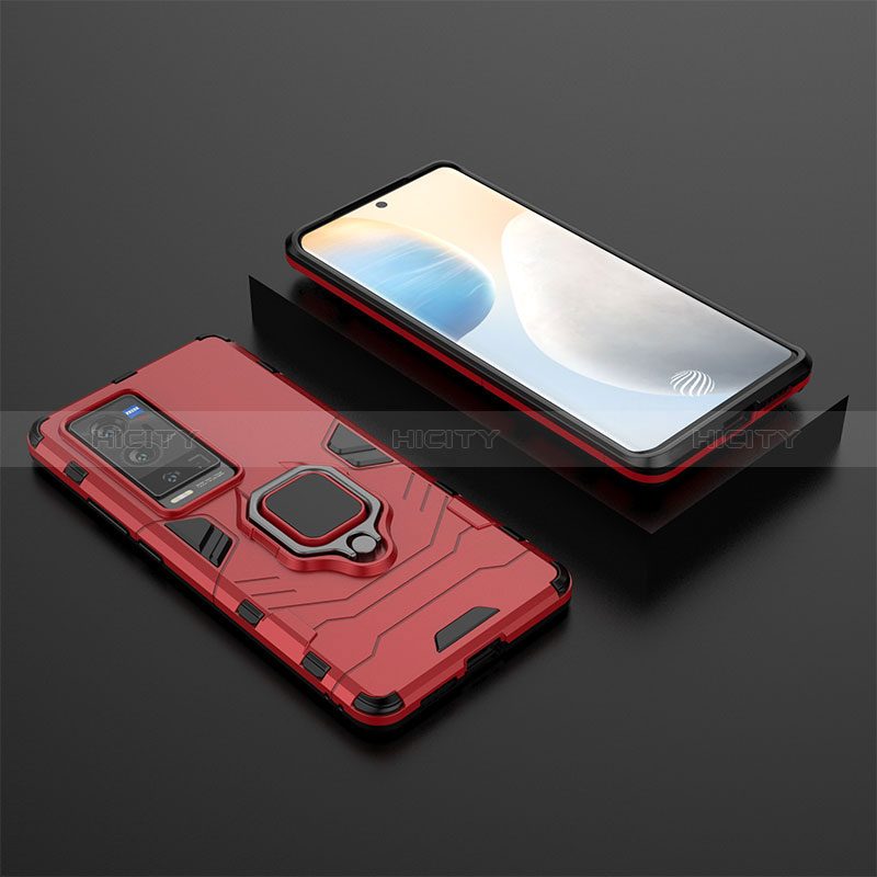 Custodia Silicone e Plastica Opaca Cover con Magnetico Anello Supporto KC2 per Vivo X60 Pro+ Plus 5G Rosso