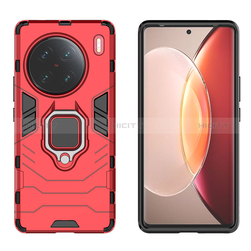 Custodia Silicone e Plastica Opaca Cover con Magnetico Anello Supporto KC2 per Vivo X90 Pro+ Plus 5G Rosso