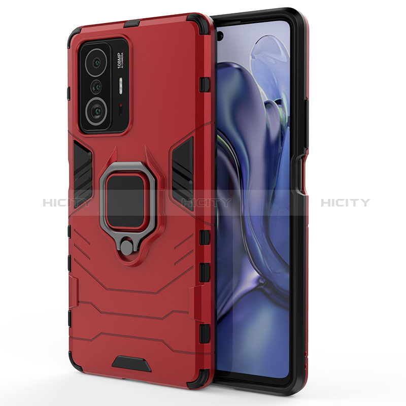 Custodia Silicone e Plastica Opaca Cover con Magnetico Anello Supporto KC2 per Xiaomi Mi 11T 5G Rosso