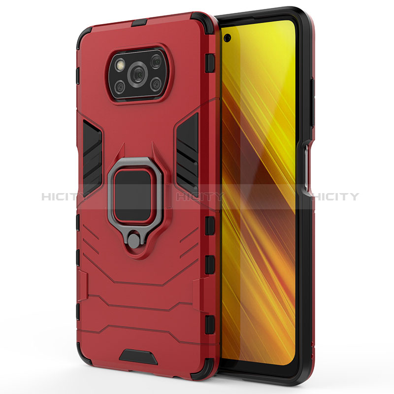 Custodia Silicone e Plastica Opaca Cover con Magnetico Anello Supporto KC2 per Xiaomi Poco X3 Pro Rosso