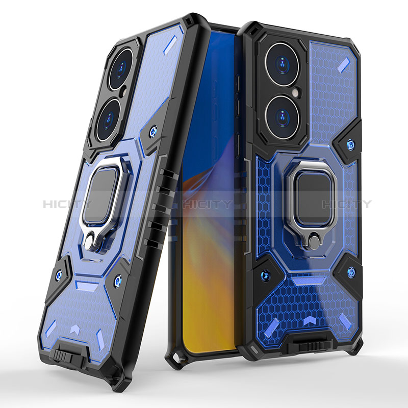 Custodia Silicone e Plastica Opaca Cover con Magnetico Anello Supporto KC3 per Huawei P50 Blu