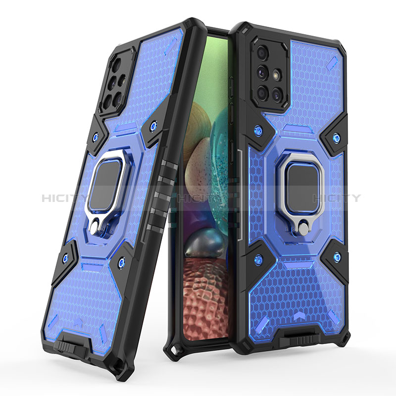 Custodia Silicone e Plastica Opaca Cover con Magnetico Anello Supporto KC3 per Samsung Galaxy A71 5G Blu