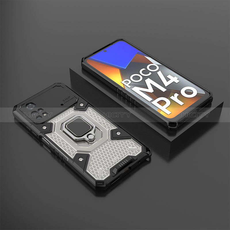 Custodia Silicone e Plastica Opaca Cover con Magnetico Anello Supporto KC3 per Xiaomi Poco M4 Pro 4G Nero