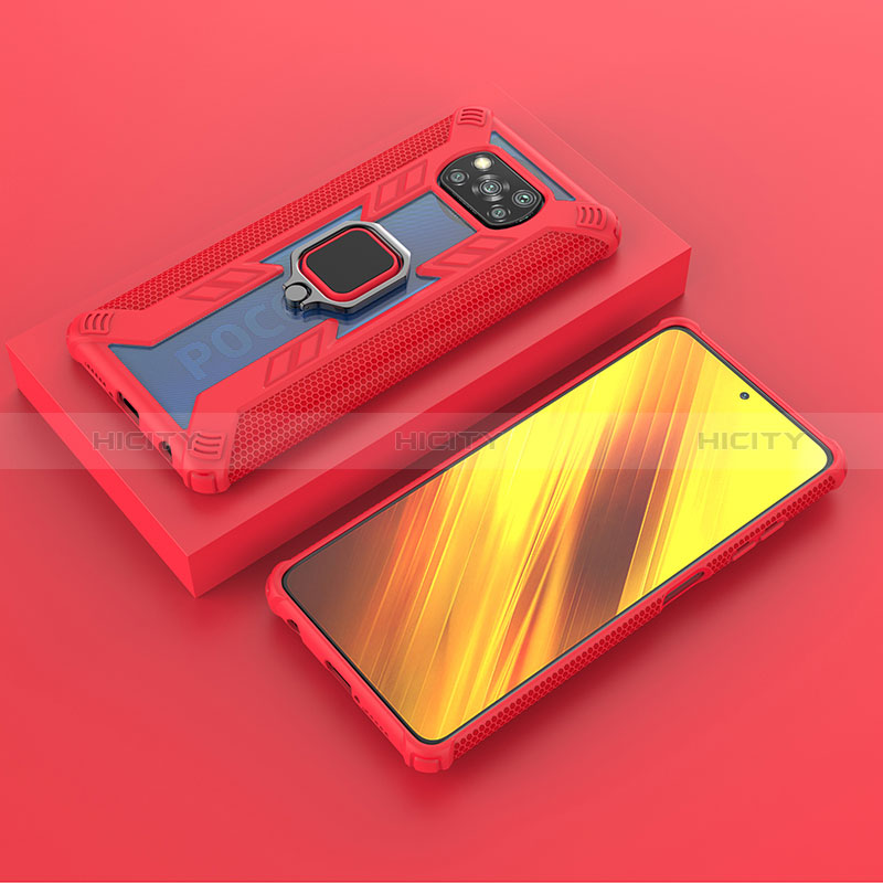 Custodia Silicone e Plastica Opaca Cover con Magnetico Anello Supporto KC3 per Xiaomi Poco X3 Pro Rosso