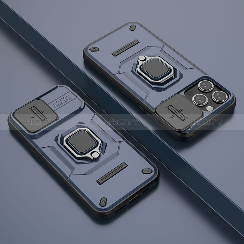 Custodia Silicone e Plastica Opaca Cover con Magnetico Anello Supporto KC4 per Apple iPhone 14 Pro Blu