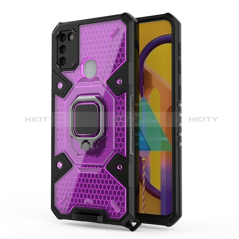 Custodia Silicone e Plastica Opaca Cover con Magnetico Anello Supporto KC5 per Samsung Galaxy M21 Viola