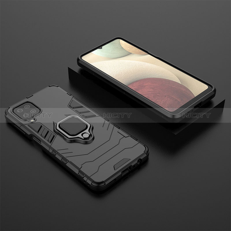 Custodia Silicone e Plastica Opaca Cover con Magnetico Anello Supporto KK1 per Samsung Galaxy A12 Nero