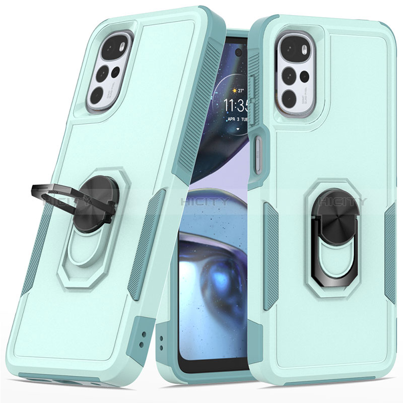 Custodia Silicone e Plastica Opaca Cover con Magnetico Anello Supporto MQ1 per Motorola Moto G22 Ciano