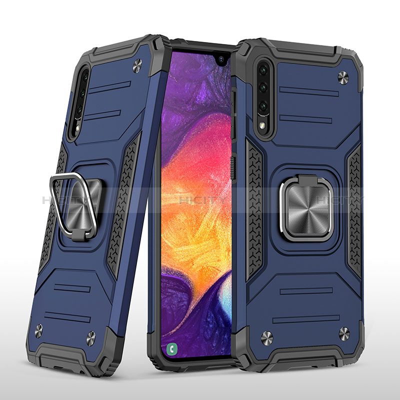 Custodia Silicone e Plastica Opaca Cover con Magnetico Anello Supporto MQ1 per Samsung Galaxy A50 Blu