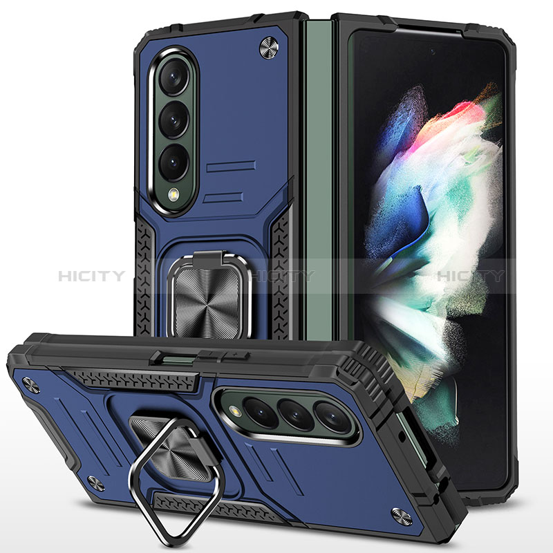 Custodia Silicone e Plastica Opaca Cover con Magnetico Anello Supporto MQ1 per Samsung Galaxy Z Fold3 5G Blu