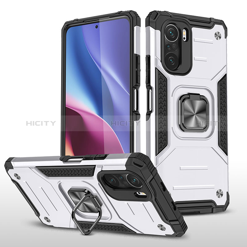 Custodia Silicone e Plastica Opaca Cover con Magnetico Anello Supporto MQ1 per Xiaomi Poco F3 5G Argento