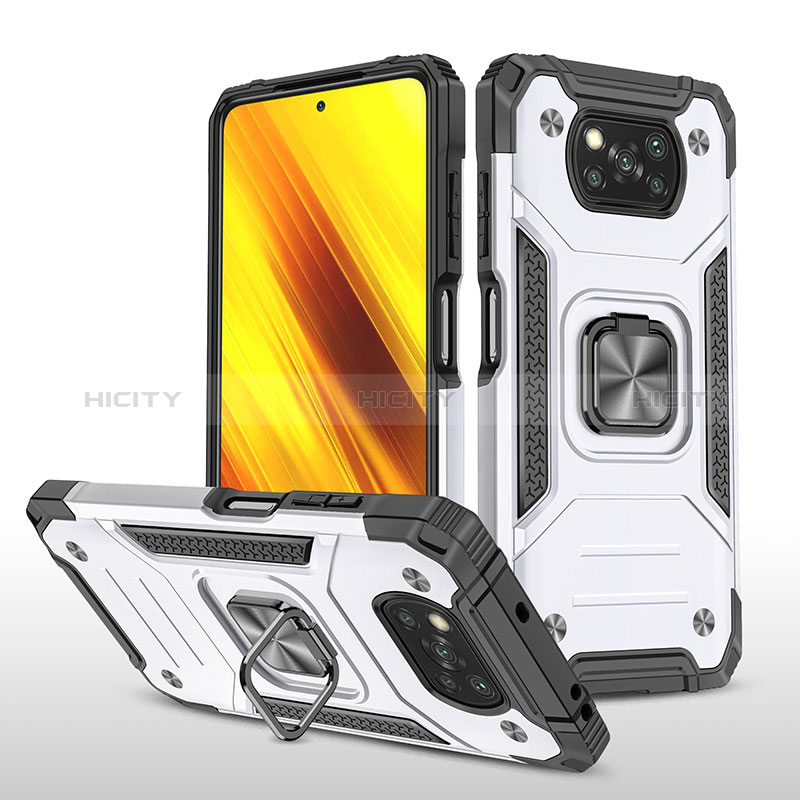 Custodia Silicone e Plastica Opaca Cover con Magnetico Anello Supporto MQ1 per Xiaomi Poco X3 Argento