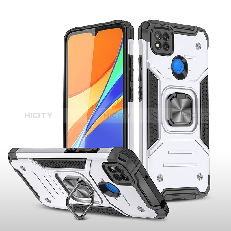 Custodia Silicone e Plastica Opaca Cover con Magnetico Anello Supporto MQ1 per Xiaomi Redmi 9 Activ Argento