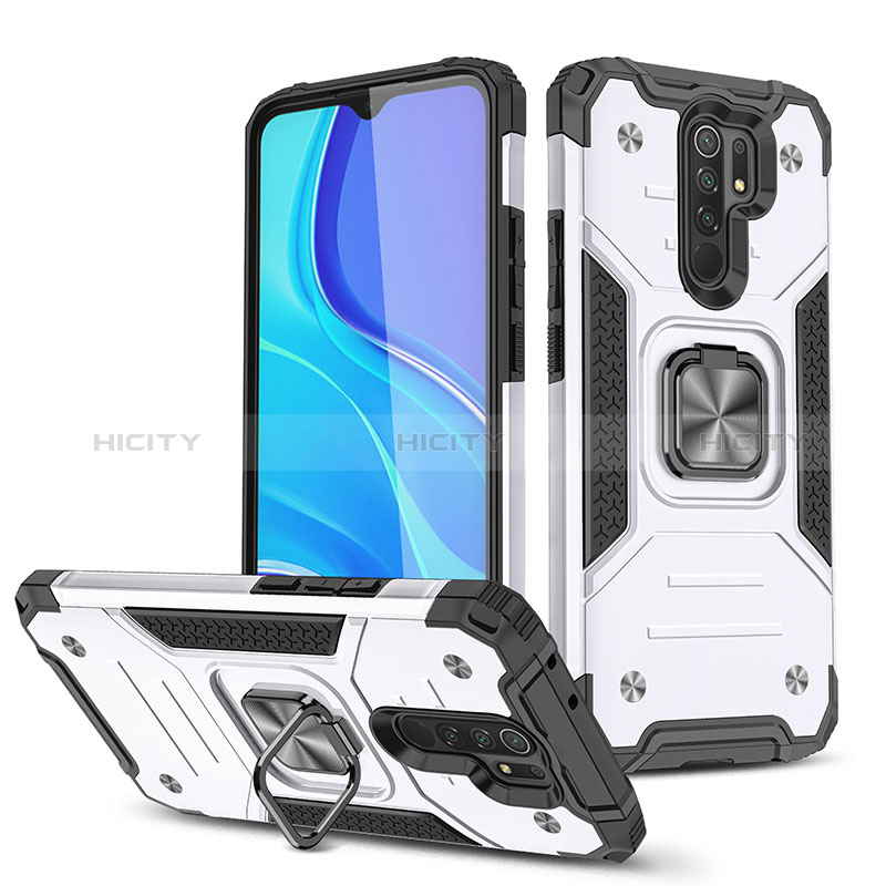 Custodia Silicone e Plastica Opaca Cover con Magnetico Anello Supporto MQ1 per Xiaomi Redmi 9 Prime India Argento