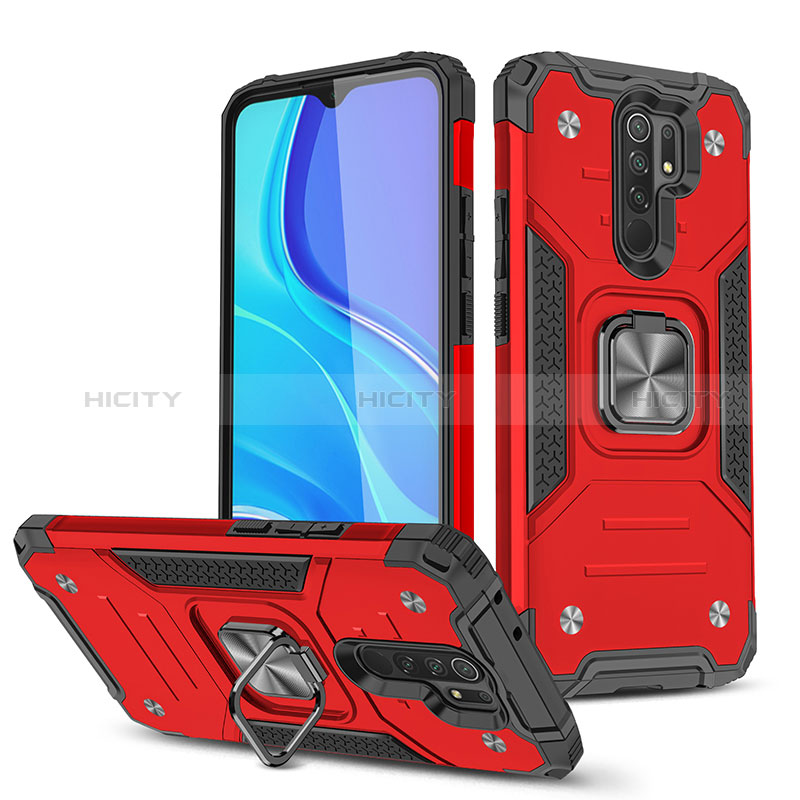 Custodia Silicone e Plastica Opaca Cover con Magnetico Anello Supporto MQ1 per Xiaomi Redmi 9 Prime India Rosso