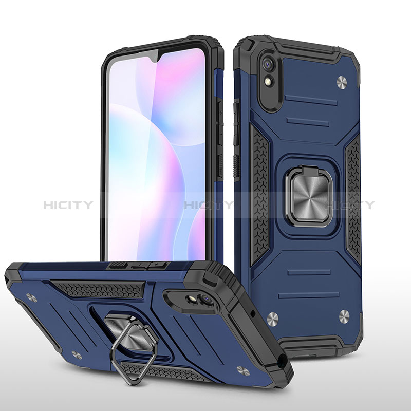 Custodia Silicone e Plastica Opaca Cover con Magnetico Anello Supporto MQ1 per Xiaomi Redmi 9A Blu