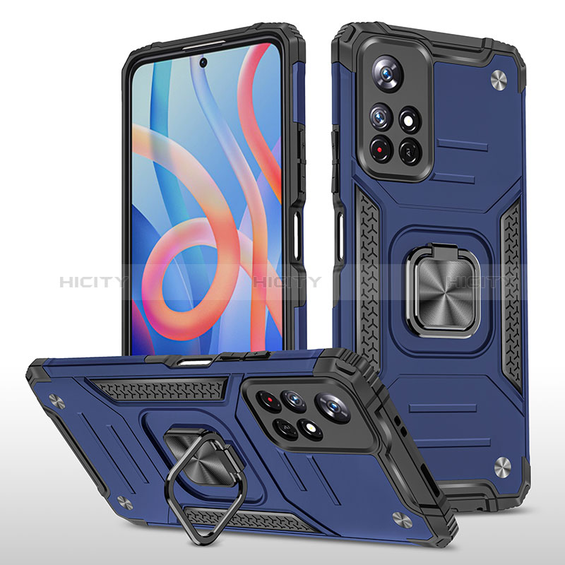 Custodia Silicone e Plastica Opaca Cover con Magnetico Anello Supporto MQ1 per Xiaomi Redmi Note 11 5G Blu