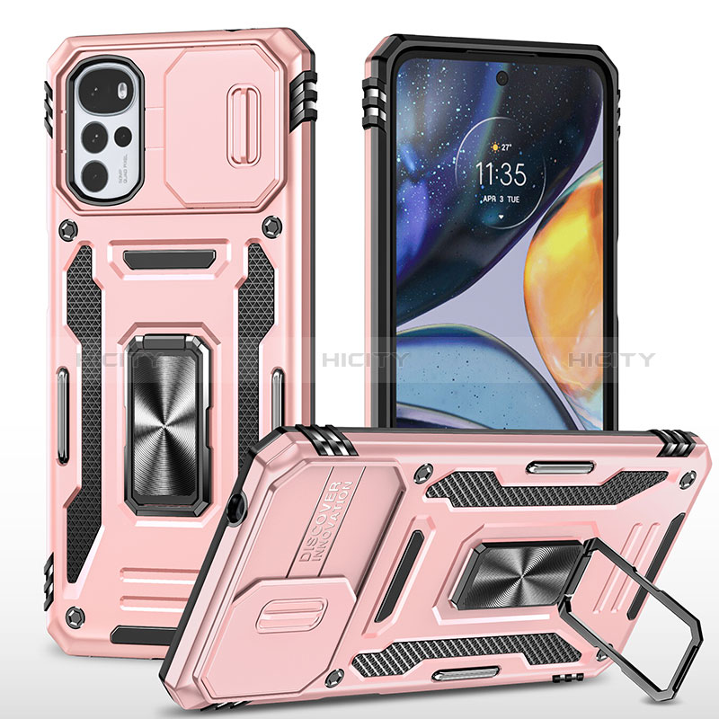 Custodia Silicone e Plastica Opaca Cover con Magnetico Anello Supporto MQ2 per Motorola Moto G22 Oro Rosa