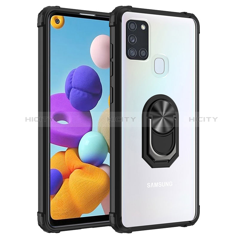 Custodia Silicone e Plastica Opaca Cover con Magnetico Anello Supporto MQ2 per Samsung Galaxy A21s Nero