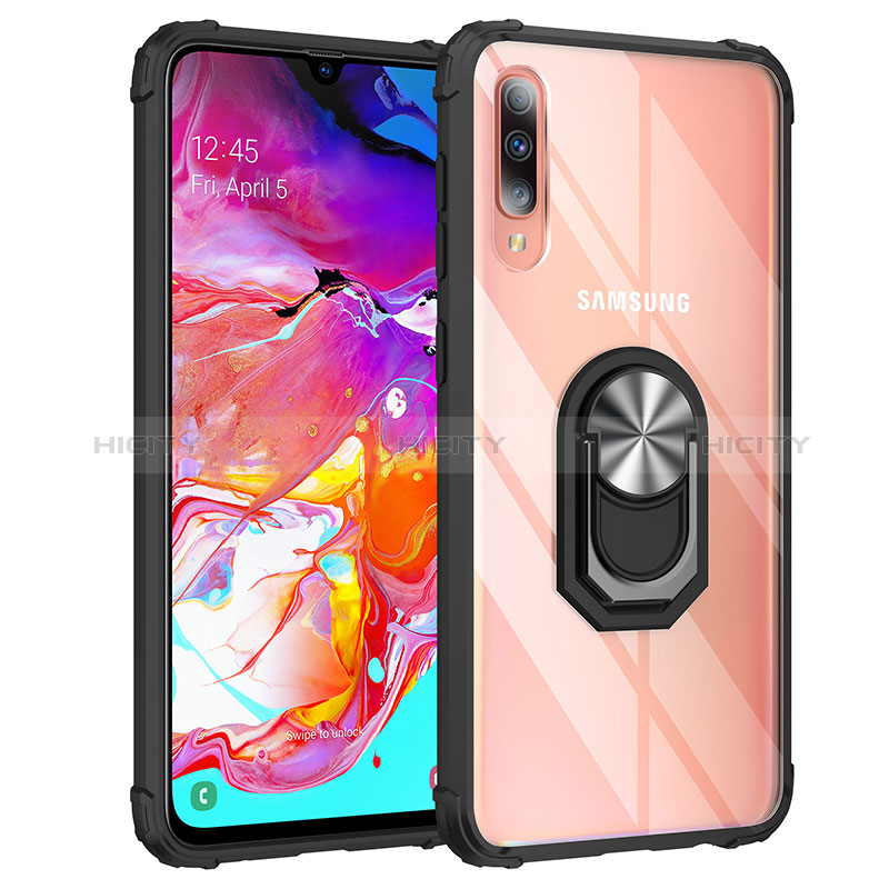 Custodia Silicone e Plastica Opaca Cover con Magnetico Anello Supporto MQ2 per Samsung Galaxy A70 Argento e Nero