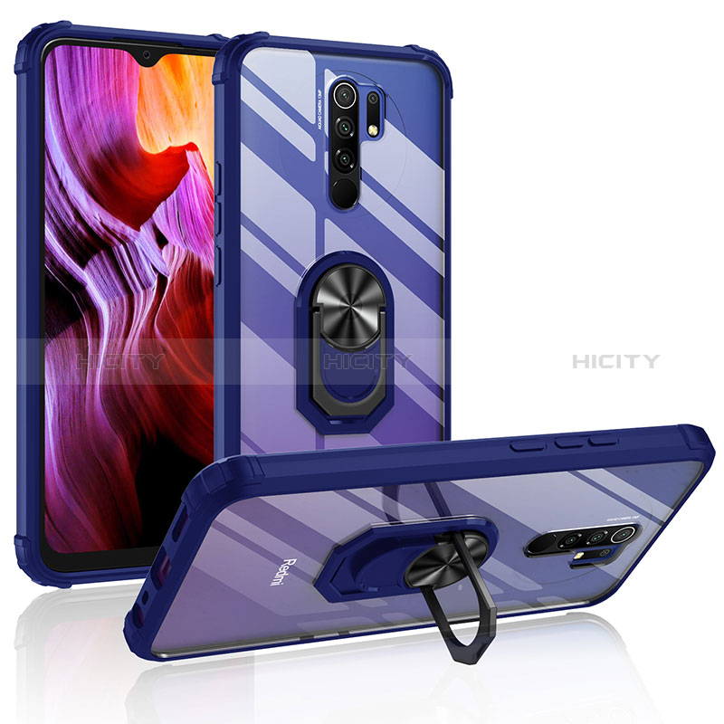 Custodia Silicone e Plastica Opaca Cover con Magnetico Anello Supporto MQ2 per Xiaomi Redmi 9 Prime India Blu