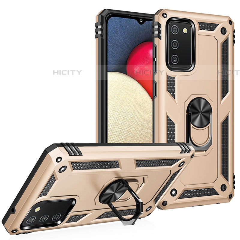 Custodia Silicone e Plastica Opaca Cover con Magnetico Anello Supporto MQ3 per Samsung Galaxy A03s Oro