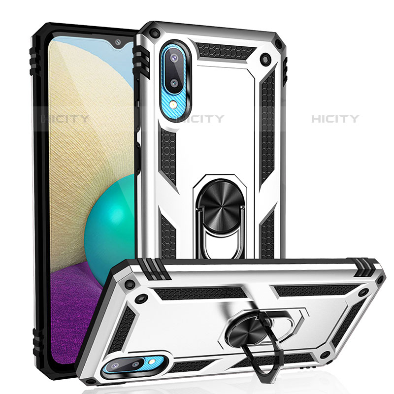 Custodia Silicone e Plastica Opaca Cover con Magnetico Anello Supporto MQ3 per Samsung Galaxy M02 Argento