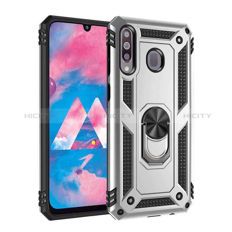 Custodia Silicone e Plastica Opaca Cover con Magnetico Anello Supporto MQ3 per Samsung Galaxy M30 Argento