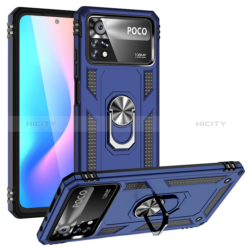 Custodia Silicone e Plastica Opaca Cover con Magnetico Anello Supporto MQ3 per Xiaomi Poco X4 Pro 5G Blu