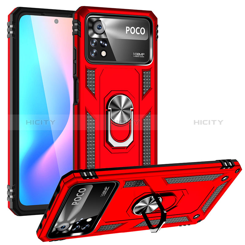 Custodia Silicone e Plastica Opaca Cover con Magnetico Anello Supporto MQ3 per Xiaomi Poco X4 Pro 5G Rosso