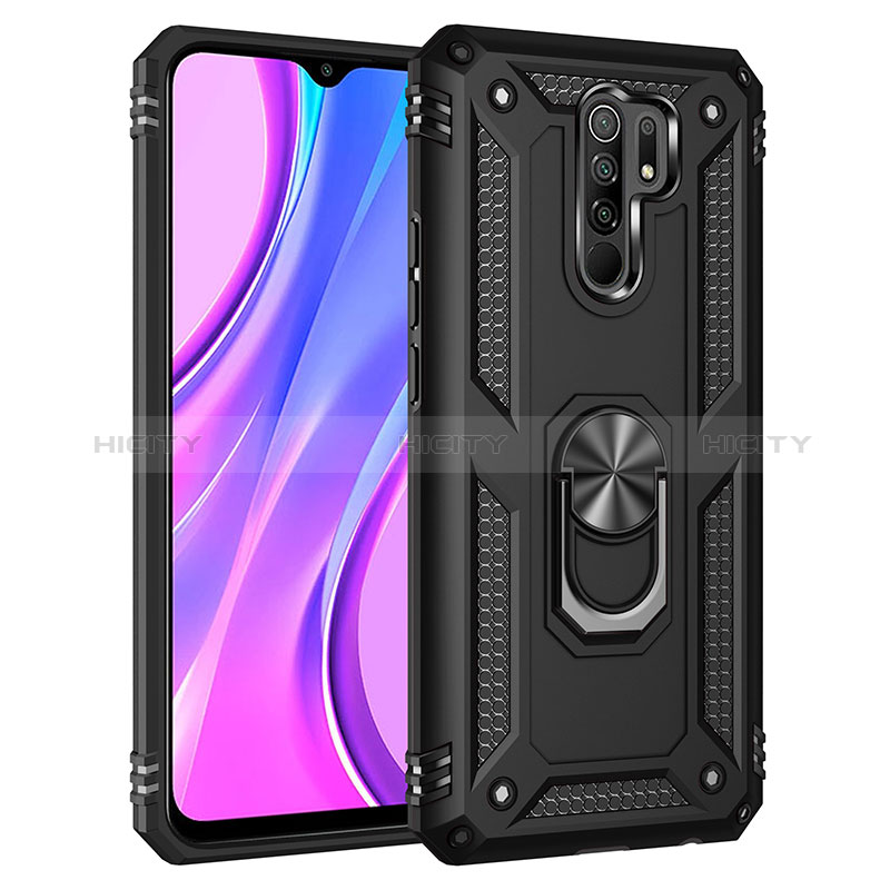 Custodia Silicone e Plastica Opaca Cover con Magnetico Anello Supporto MQ3 per Xiaomi Redmi 9 Prime India Nero