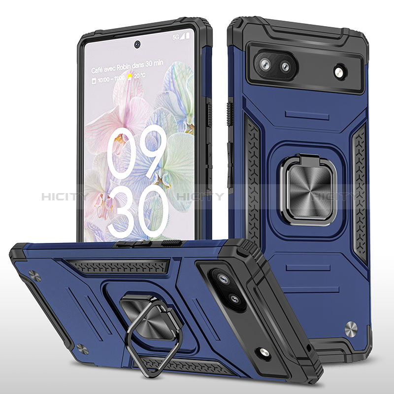 Custodia Silicone e Plastica Opaca Cover con Magnetico Anello Supporto MQ4 per Google Pixel 6a 5G Blu