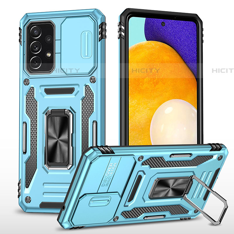 Custodia Silicone e Plastica Opaca Cover con Magnetico Anello Supporto MQ4 per Samsung Galaxy A52 4G Cielo Blu