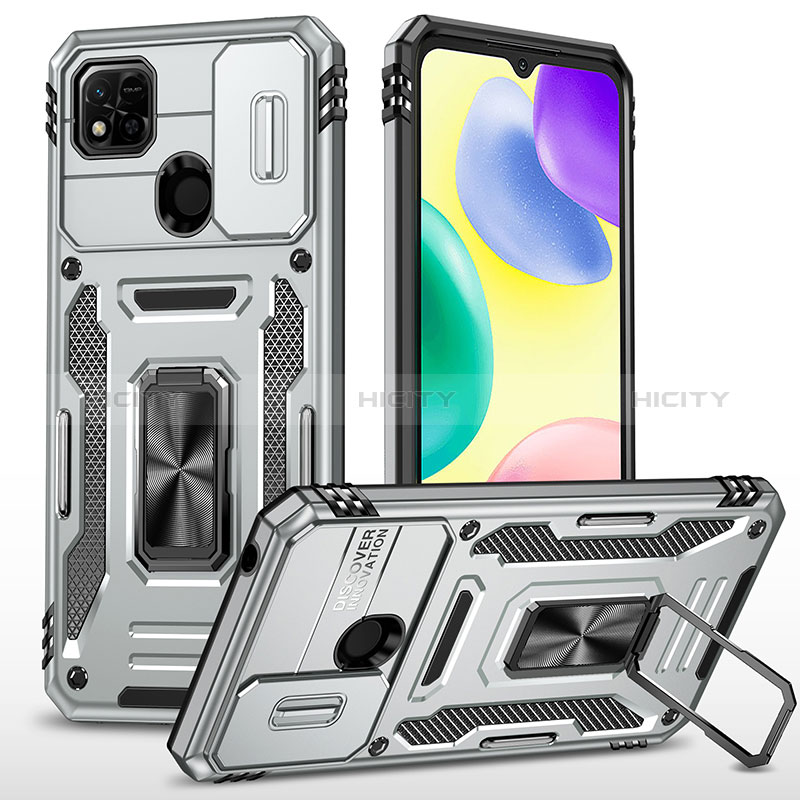 Custodia Silicone e Plastica Opaca Cover con Magnetico Anello Supporto MQ4 per Xiaomi POCO C3 Argento