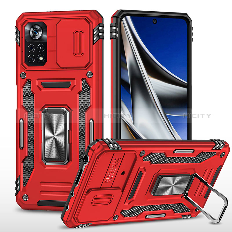 Custodia Silicone e Plastica Opaca Cover con Magnetico Anello Supporto MQ4 per Xiaomi Poco X4 Pro 5G Rosso