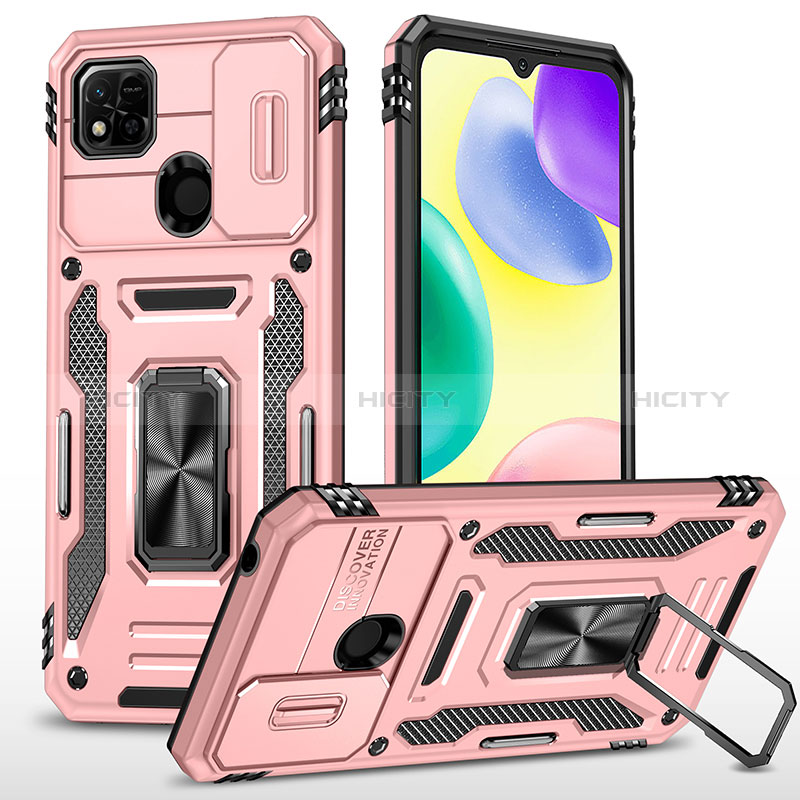 Custodia Silicone e Plastica Opaca Cover con Magnetico Anello Supporto MQ4 per Xiaomi Redmi 9 Activ Oro Rosa