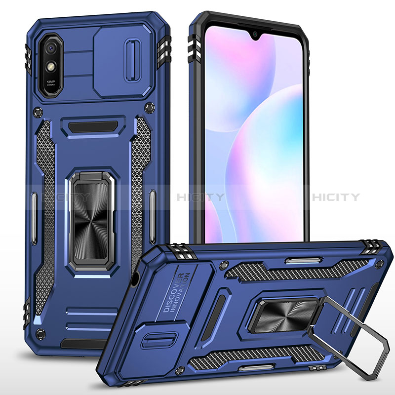 Custodia Silicone e Plastica Opaca Cover con Magnetico Anello Supporto MQ4 per Xiaomi Redmi 9A Blu