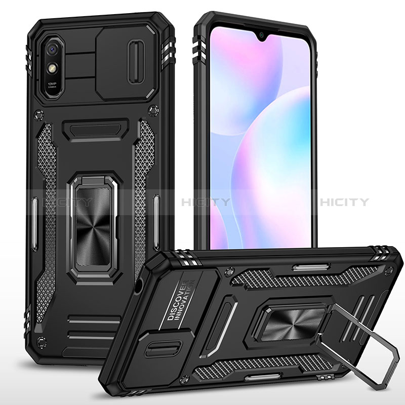 Custodia Silicone e Plastica Opaca Cover con Magnetico Anello Supporto MQ4 per Xiaomi Redmi 9A Nero