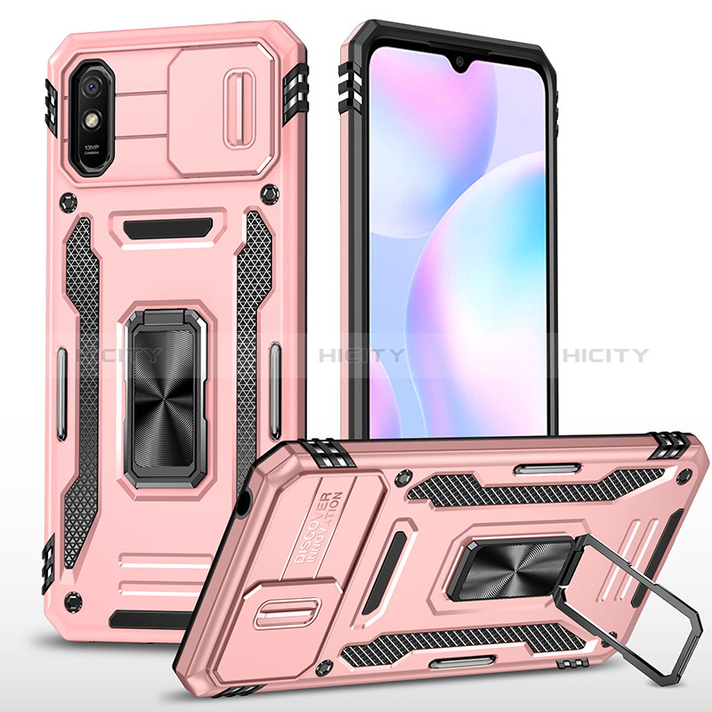 Custodia Silicone e Plastica Opaca Cover con Magnetico Anello Supporto MQ4 per Xiaomi Redmi 9A Oro Rosa