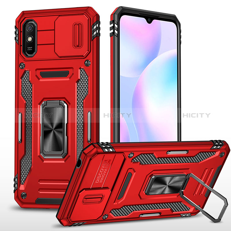 Custodia Silicone e Plastica Opaca Cover con Magnetico Anello Supporto MQ4 per Xiaomi Redmi 9A Rosso