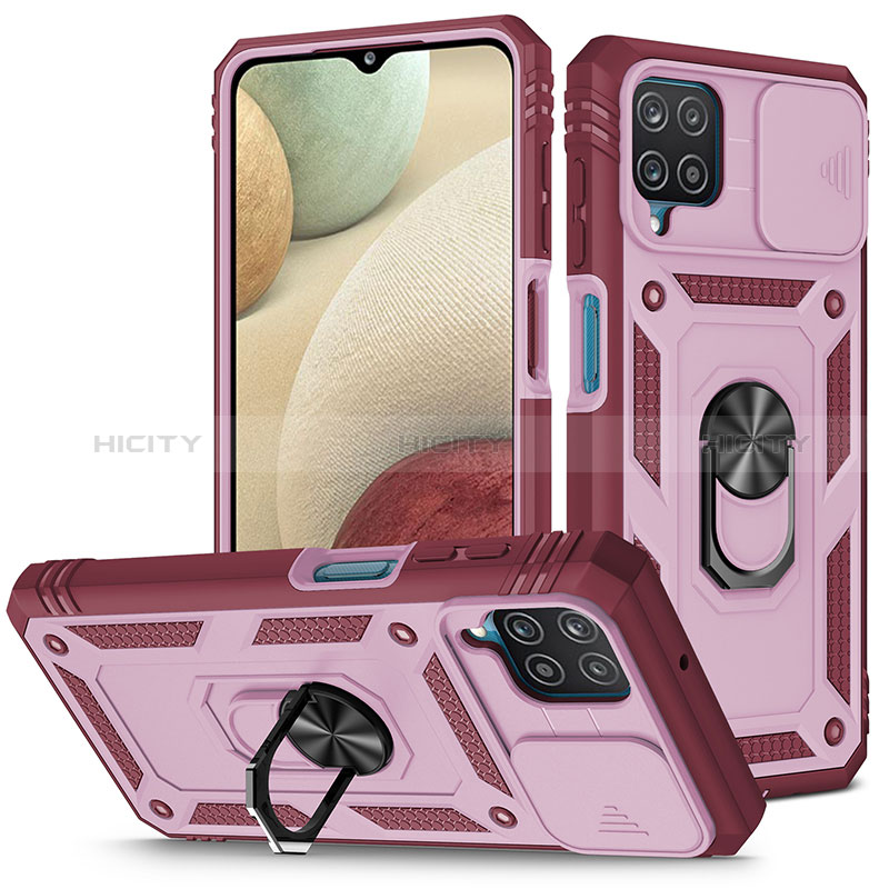 Custodia Silicone e Plastica Opaca Cover con Magnetico Anello Supporto MQ5 per Samsung Galaxy F12 Rosa Caldo