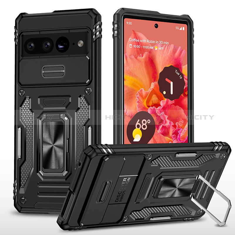 Custodia Silicone e Plastica Opaca Cover con Magnetico Anello Supporto MQ6 per Google Pixel 7 Pro 5G Nero