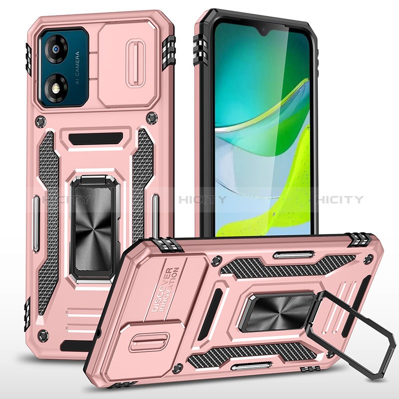 Custodia Silicone e Plastica Opaca Cover con Magnetico Anello Supporto MQ6 per Motorola Moto E13 Oro Rosa