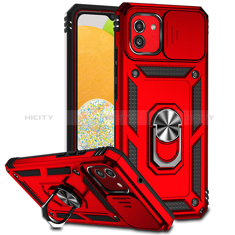 Custodia Silicone e Plastica Opaca Cover con Magnetico Anello Supporto MQ6 per Samsung Galaxy A03 Rosso
