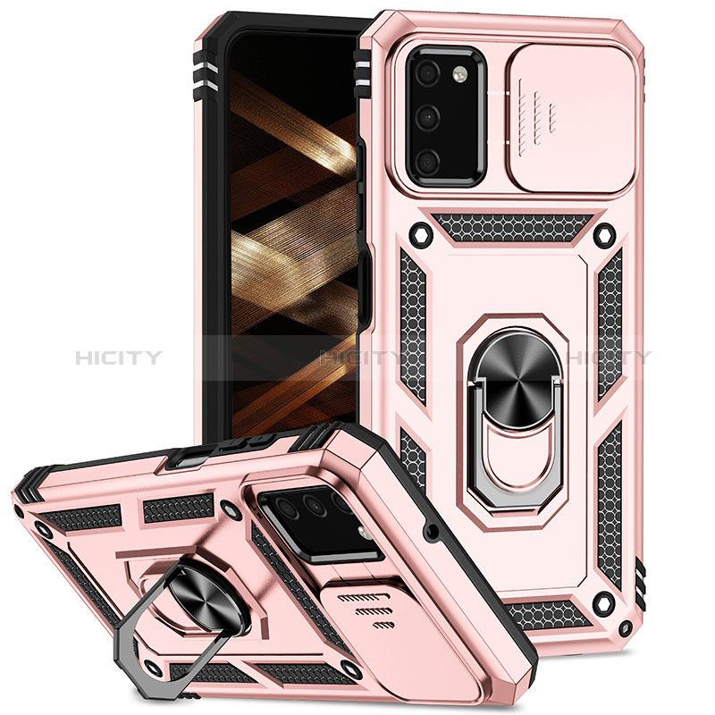 Custodia Silicone e Plastica Opaca Cover con Magnetico Anello Supporto MQ6 per Samsung Galaxy A03s Oro Rosa