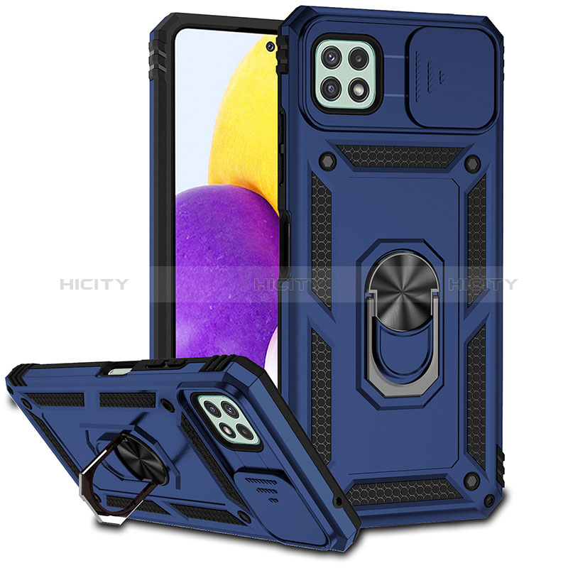 Custodia Silicone e Plastica Opaca Cover con Magnetico Anello Supporto MQ6 per Samsung Galaxy A22 5G Blu