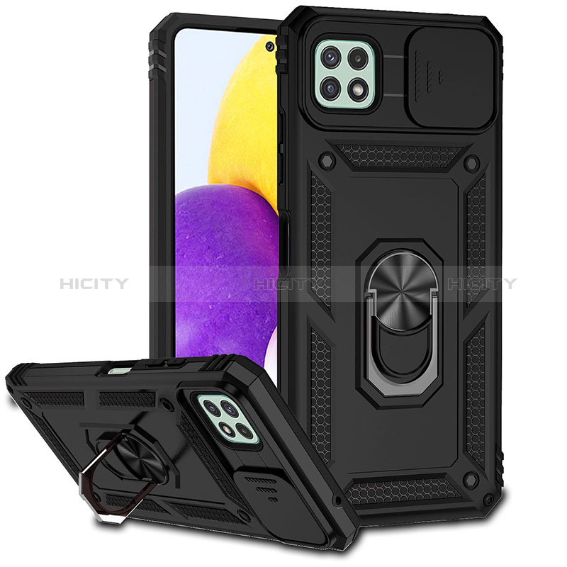 Custodia Silicone e Plastica Opaca Cover con Magnetico Anello Supporto MQ6 per Samsung Galaxy A22s 5G Nero