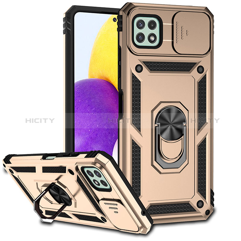 Custodia Silicone e Plastica Opaca Cover con Magnetico Anello Supporto MQ6 per Samsung Galaxy A22s 5G Oro