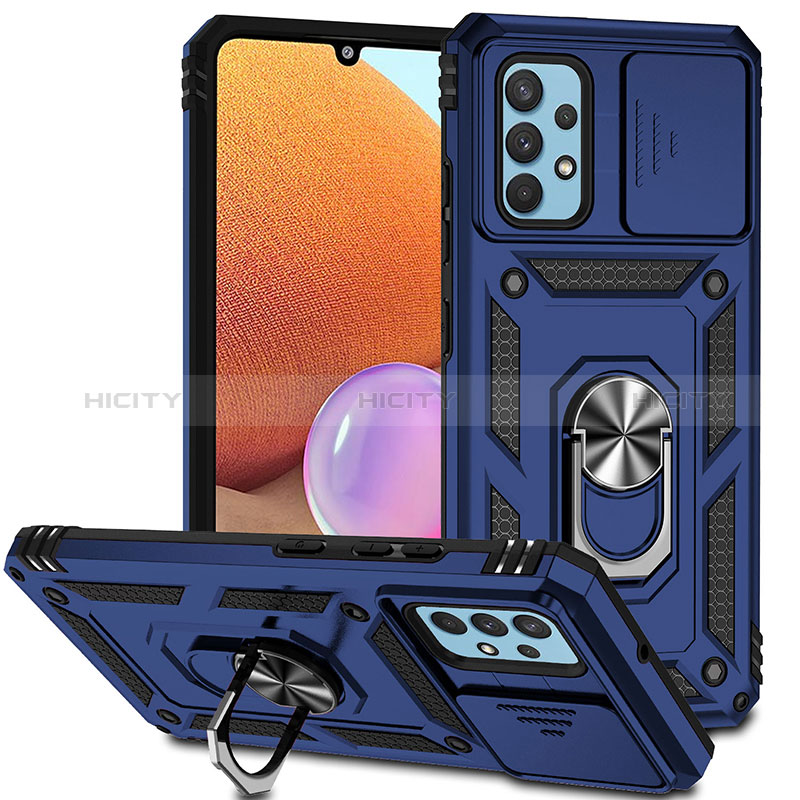 Custodia Silicone e Plastica Opaca Cover con Magnetico Anello Supporto MQ6 per Samsung Galaxy A32 4G Blu